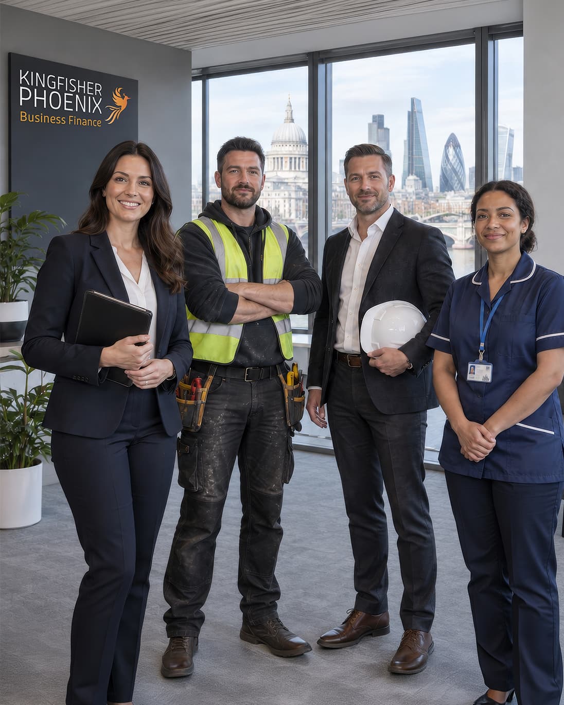 Four people standing together in an office in front of a Kingfisher Phoenix Business Finance sign, with the London skyline through the window behind them.